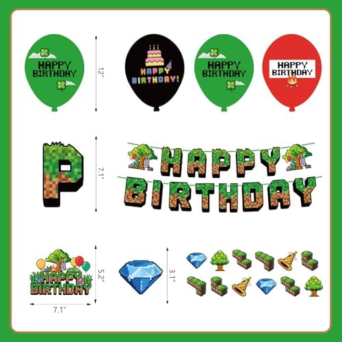 Green and Brown Gaming Birthday Party Decorations 32pcs