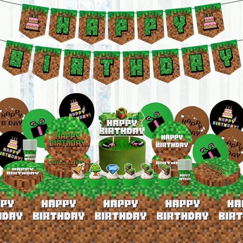 Green and Brown Video Game Birthday Party Decor Set 104Pcs