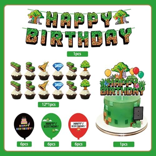 Green and Brown Gaming Birthday Party Decorations 32pcs