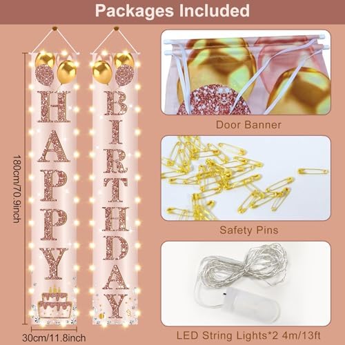 Happy Birthday LED Door Banner Decorations - Pink Rose Gold