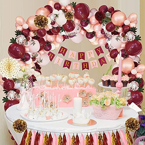 Burgundy Birthday Decorations Set with Balloons and Banner