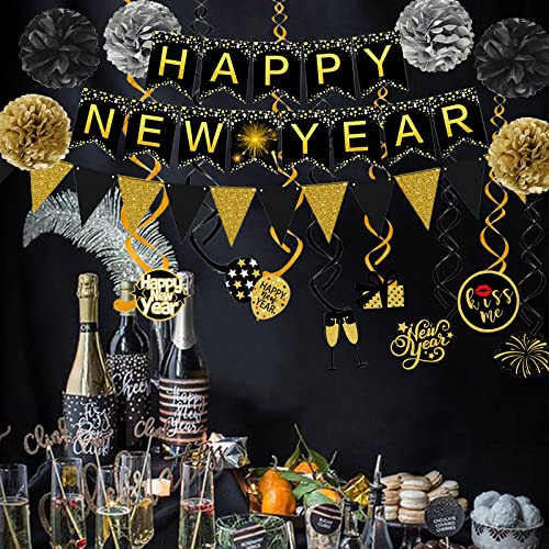 Happy New Year Banner Triangle Flag with Pom Poms and Swirls Garland