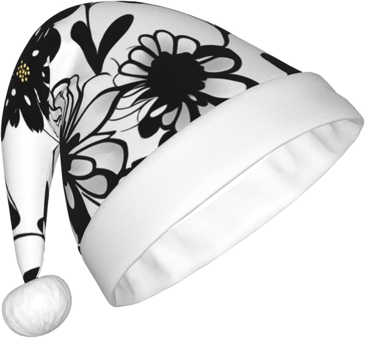 QINZHENG Black and White Flowers Santa Hat for Women