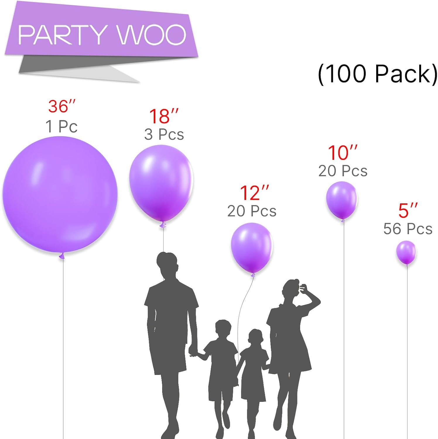 PartyWoo Purple Balloons 100 pcs Different Sizes Kit