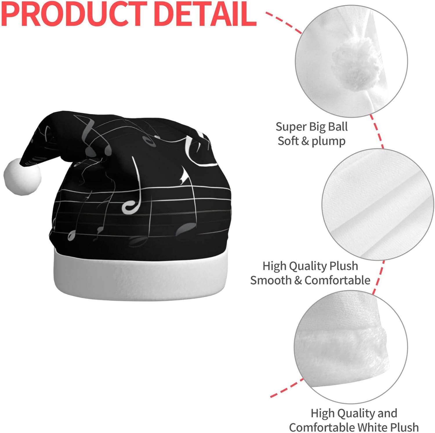 QINZHENG Black Music Notes Print Santa Hat for Women
