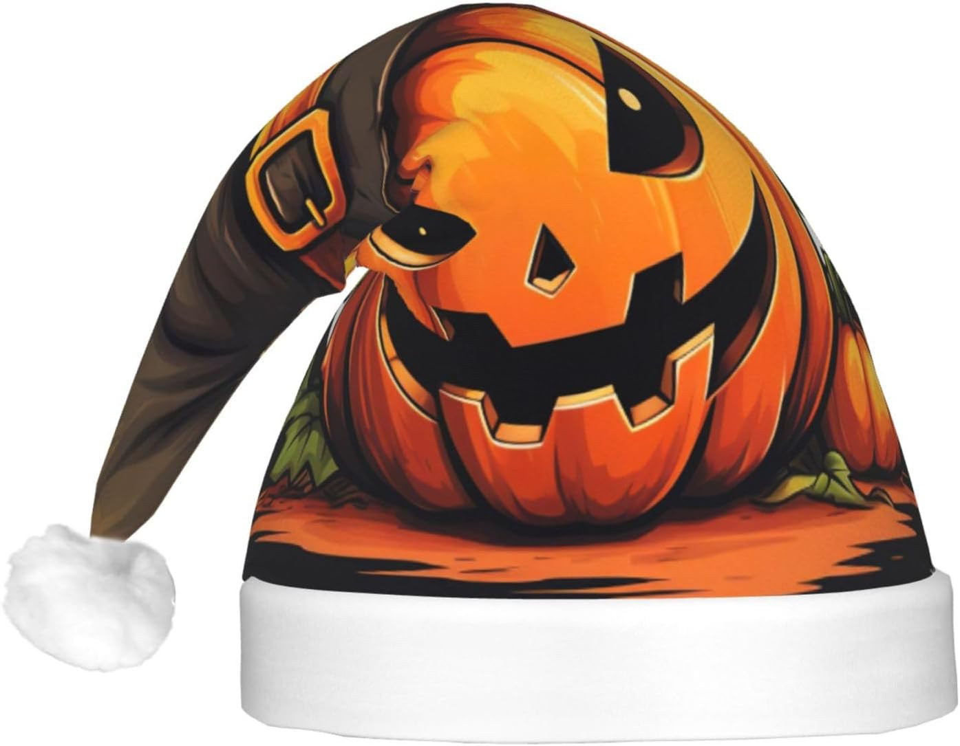 QINZHENG Halloween Pumpkin Print Velvet Santa Hat with LED Lights