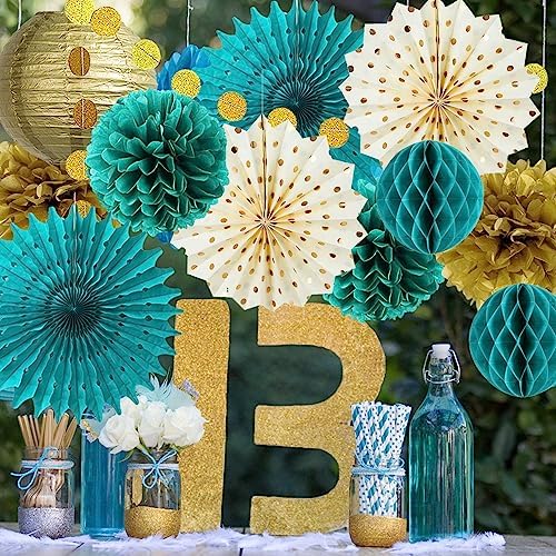 Teal Gold Party Decorations Tissue Pom Poms Garland Fans Lanterns