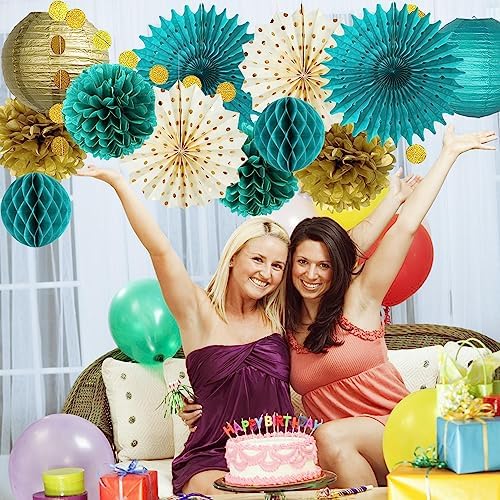Teal Gold Party Decorations Tissue Pom Poms Garland Fans Lanterns
