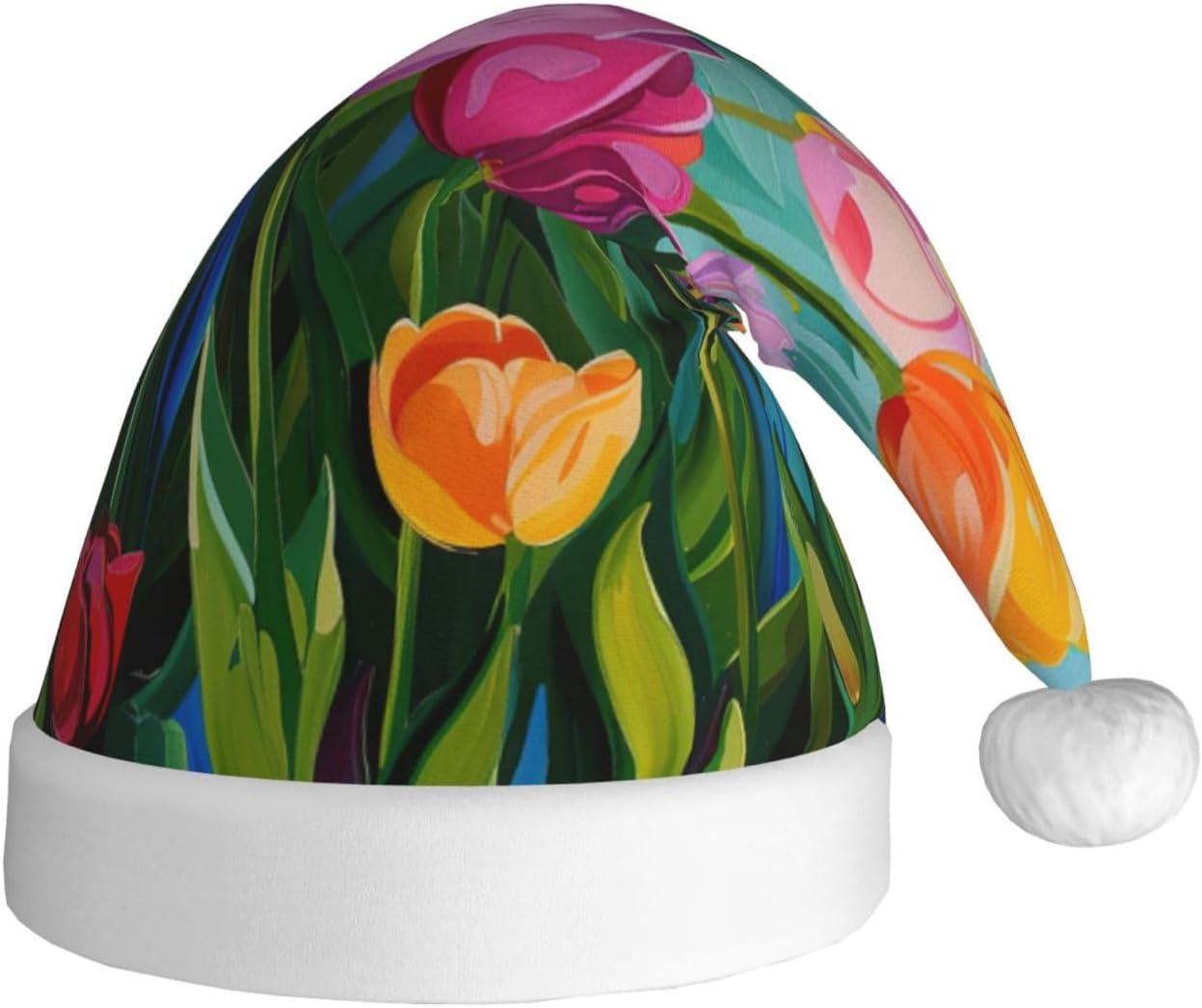 QINZHENG Tulip Garden Print Santa Hat for Women Adult