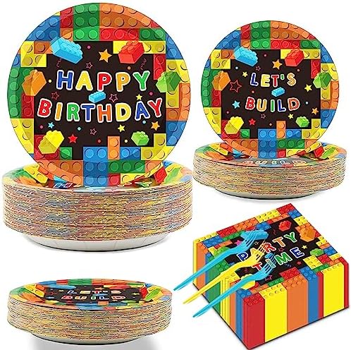 200 Pcs Building Block Party Plates Napkins Forks Set