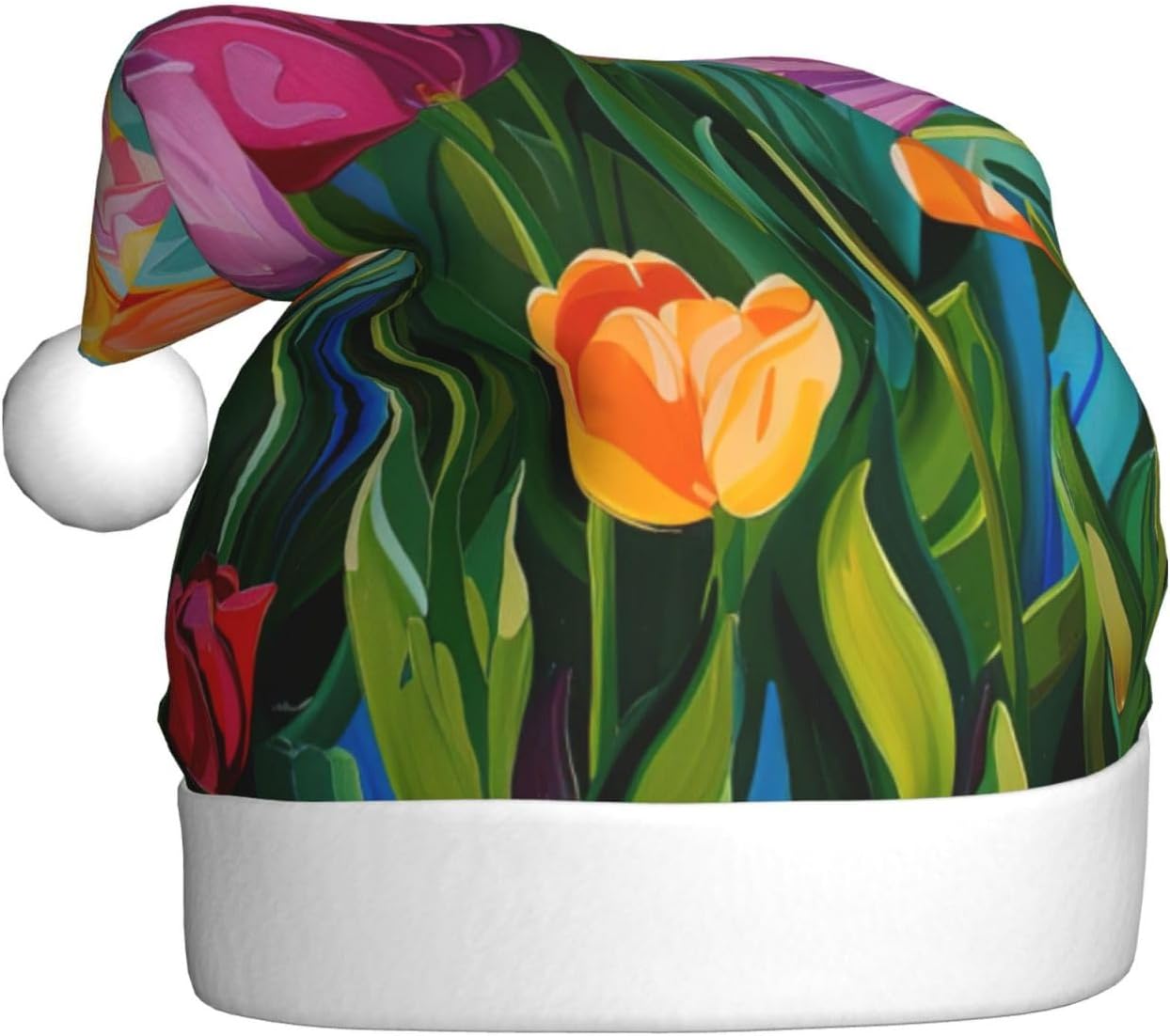 QINZHENG Tulip Garden Print Santa Hat for Women Adult