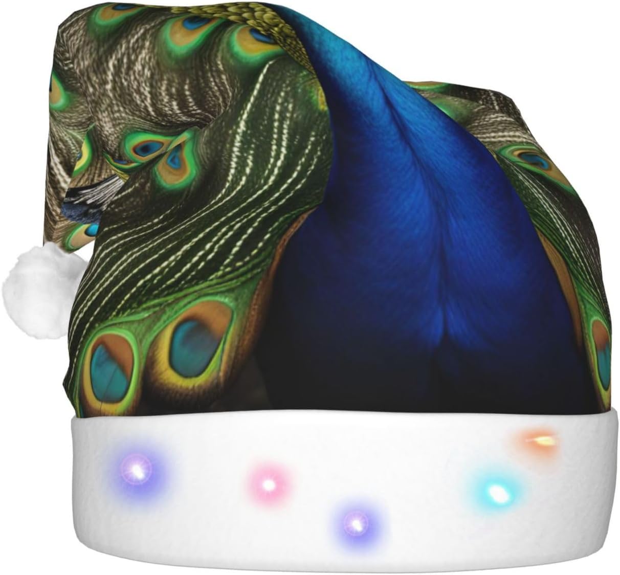 QinZheng Peacock Feather Print Santa Hat with LED Lights for Adults