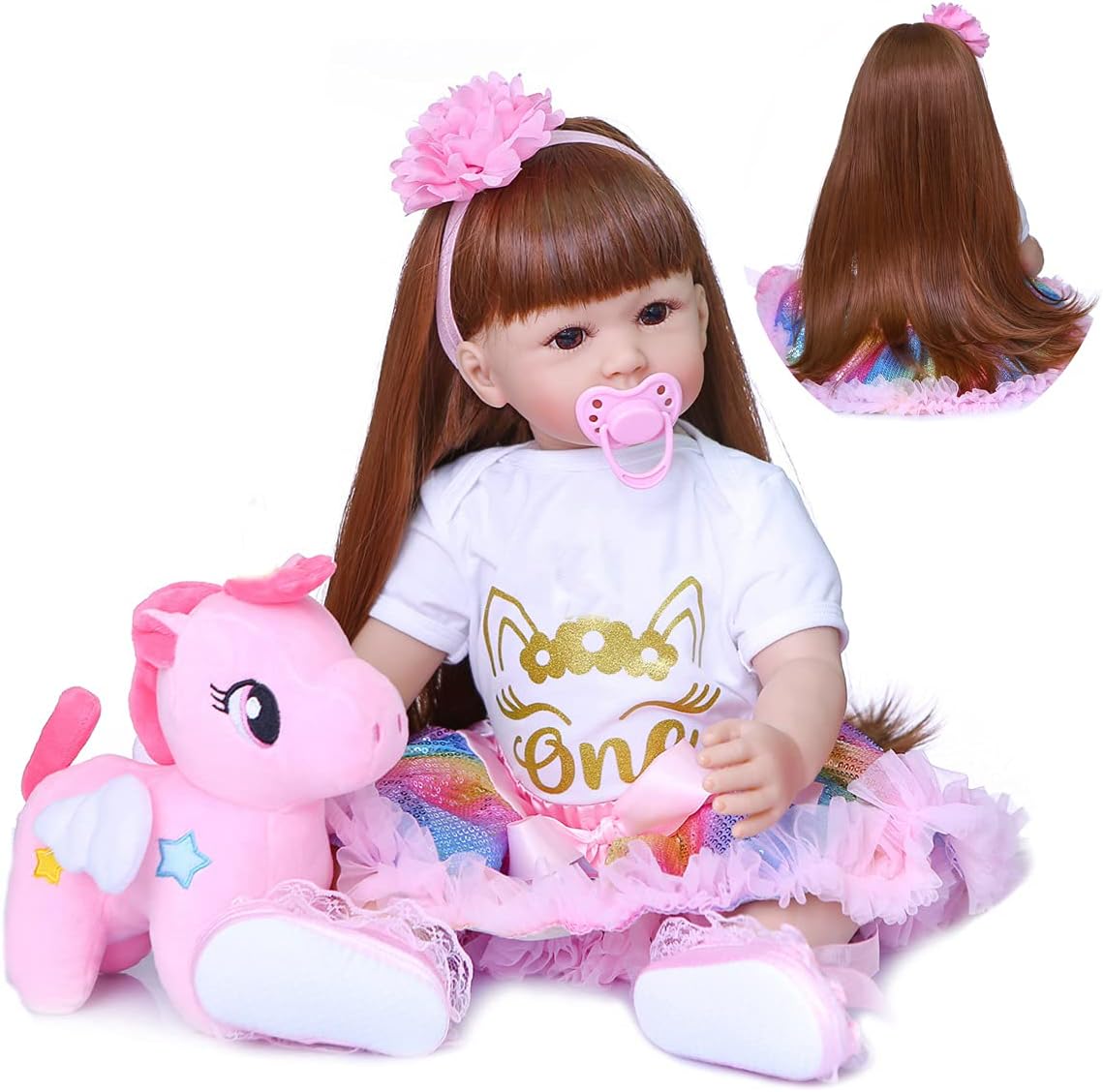 24 Inch Reborn Baby Doll with Long Hair for Playtime