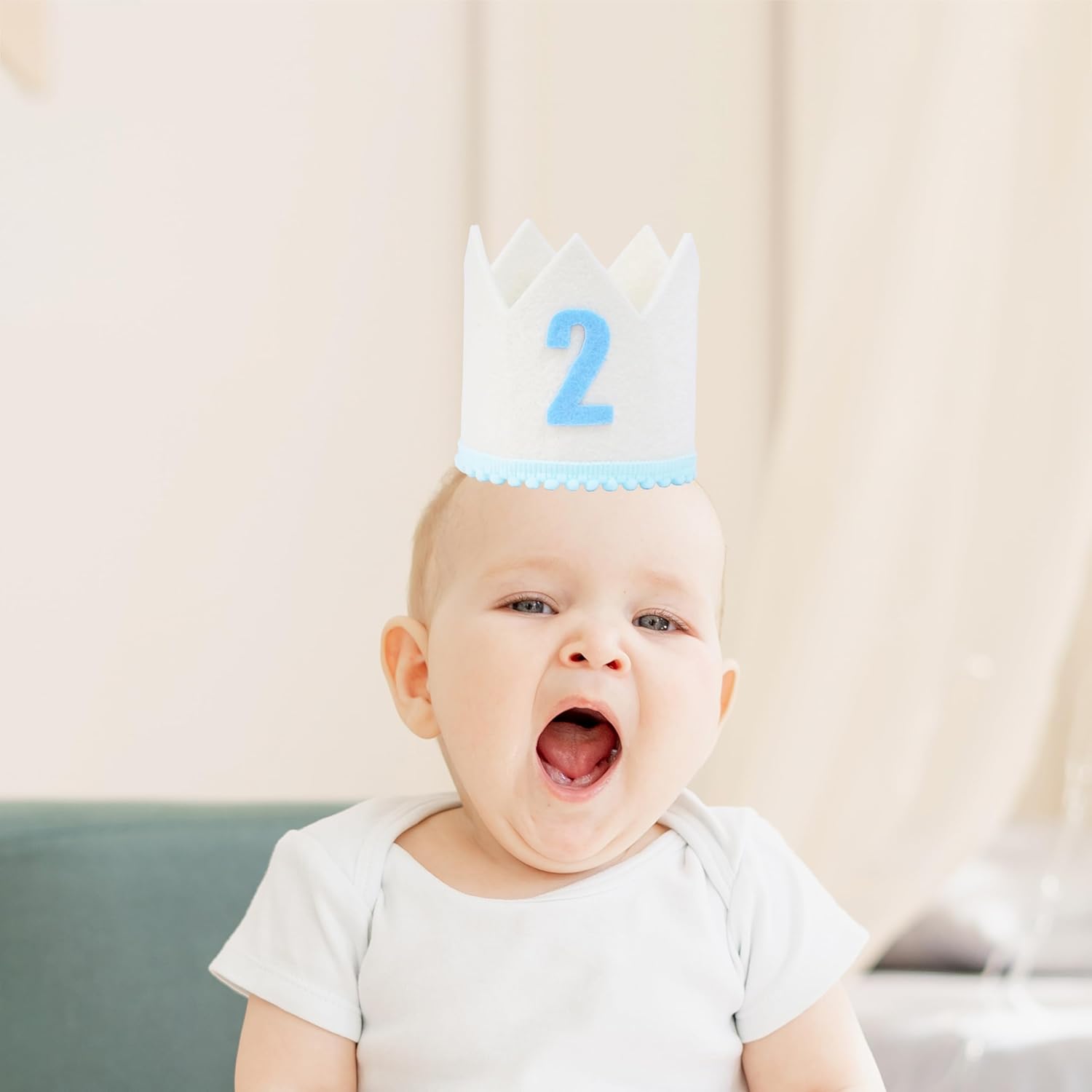 Birthday Crown for 2 Year Old Cream White with Blue Number