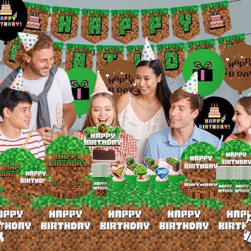Green and Brown Video Game Birthday Party Decor Set 104Pcs