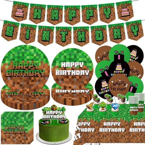 Green and Brown Video Game Birthday Party Decor Set 104Pcs