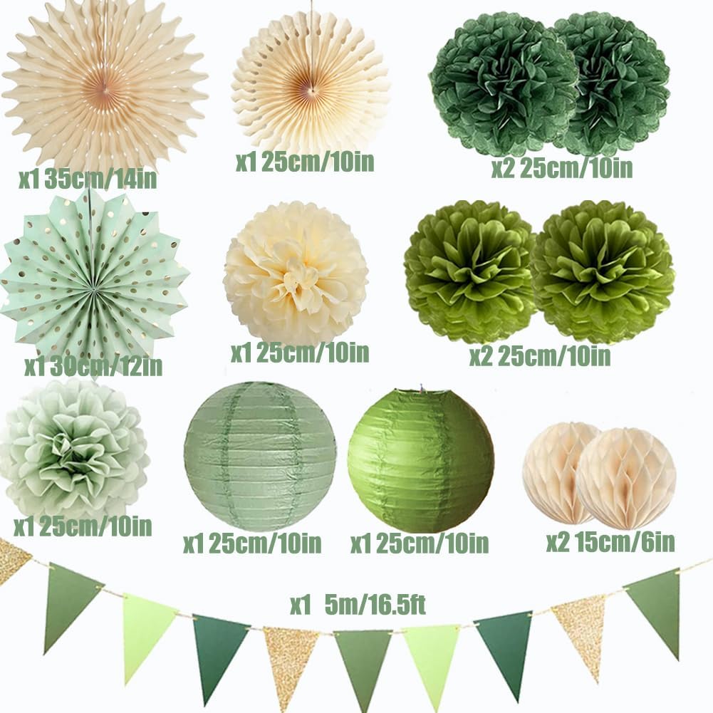 Sage Green Birthday Decorations Fans Pom Poms Lanterns Garland