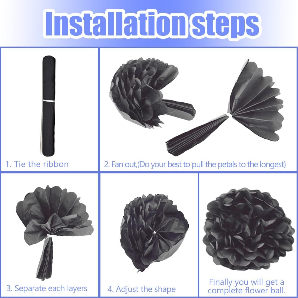 Hocansen 12Pcs Tissue Paper Pompoms 10in 12in Black Party Decorations