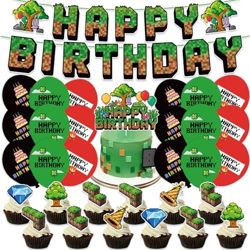 Green and Brown Gaming Birthday Party Decorations 32pcs