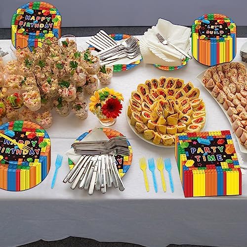 200 Pcs Building Block Party Plates Napkins Forks Set