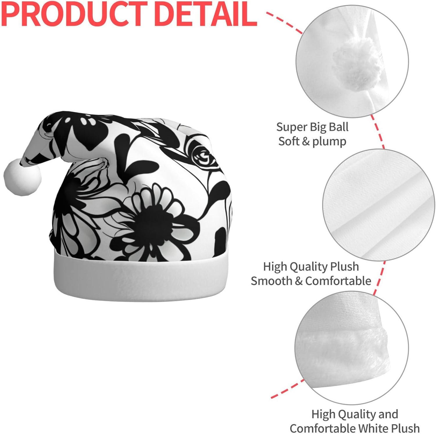 QINZHENG Black and White Flowers Santa Hat for Women