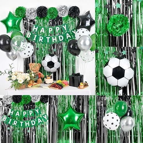 Soccer Party Decor Set Green Black Balloons and Tissue Poms