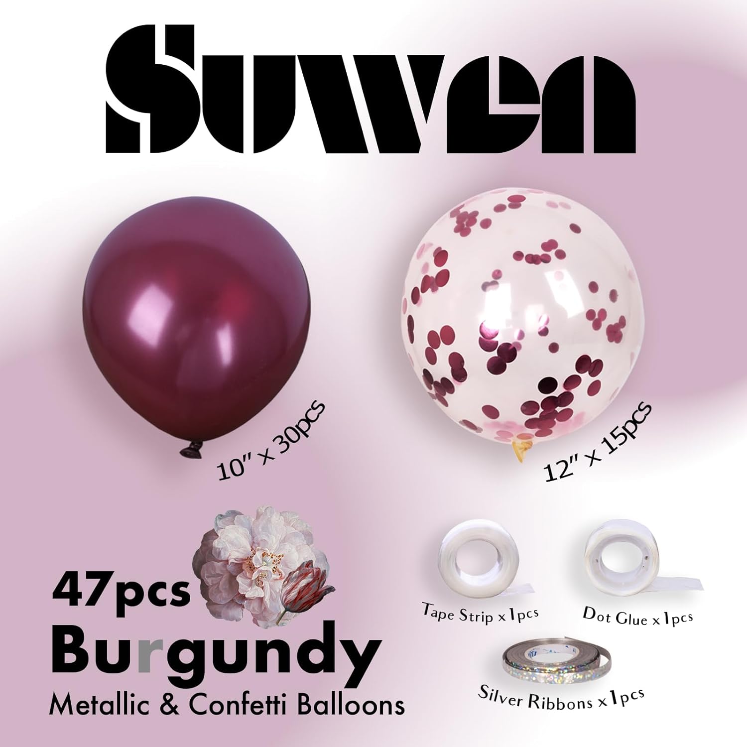 SUWEN Burgundy Balloons and Confetti Set 47PCS