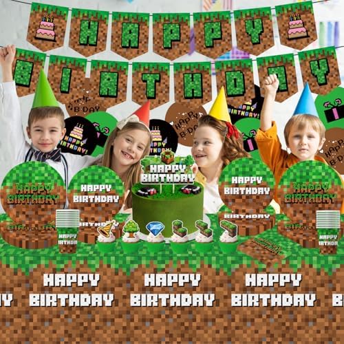 Green and Brown Video Game Birthday Party Decor Set 104Pcs