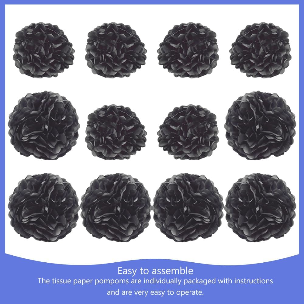 Hocansen 12Pcs Tissue Paper Pompoms 10in 12in Black Party Decorations