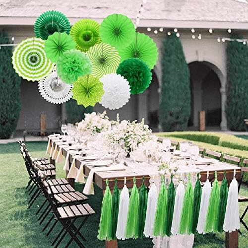 Green White Party Decorations Set Fans Pom Poms Tassels Garland