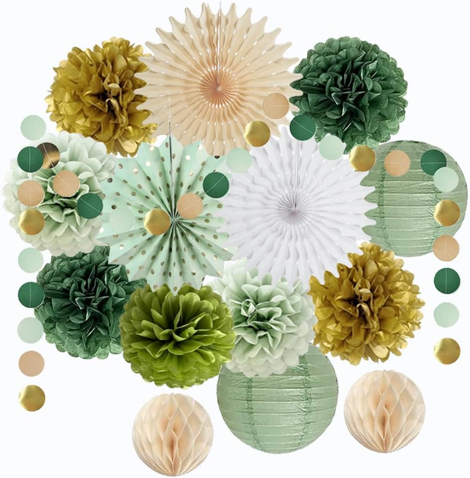 Sage Green Party Decorations Tissue Pom Poms Garland Fans Lanterns