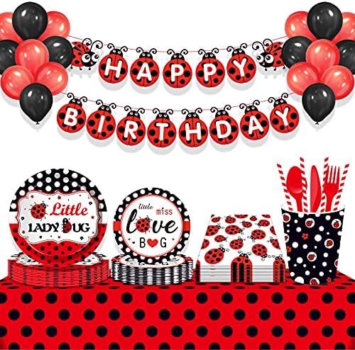 141 PCS Ladybug Birthday Party Supplies - Disposable Tableware for 16 Guests