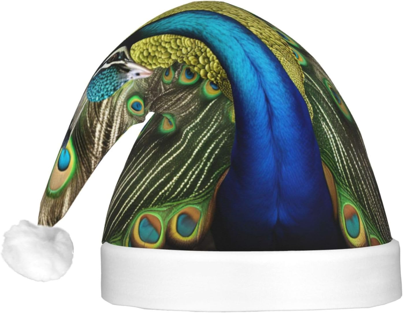 QinZheng Peacock Feather Print Santa Hat with LED Lights for Adults