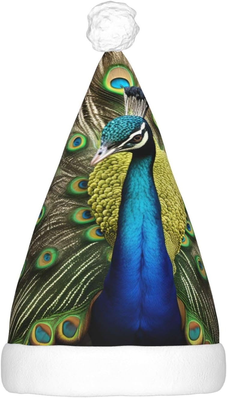 QinZheng Peacock Feather Print Santa Hat with LED Lights for Adults
