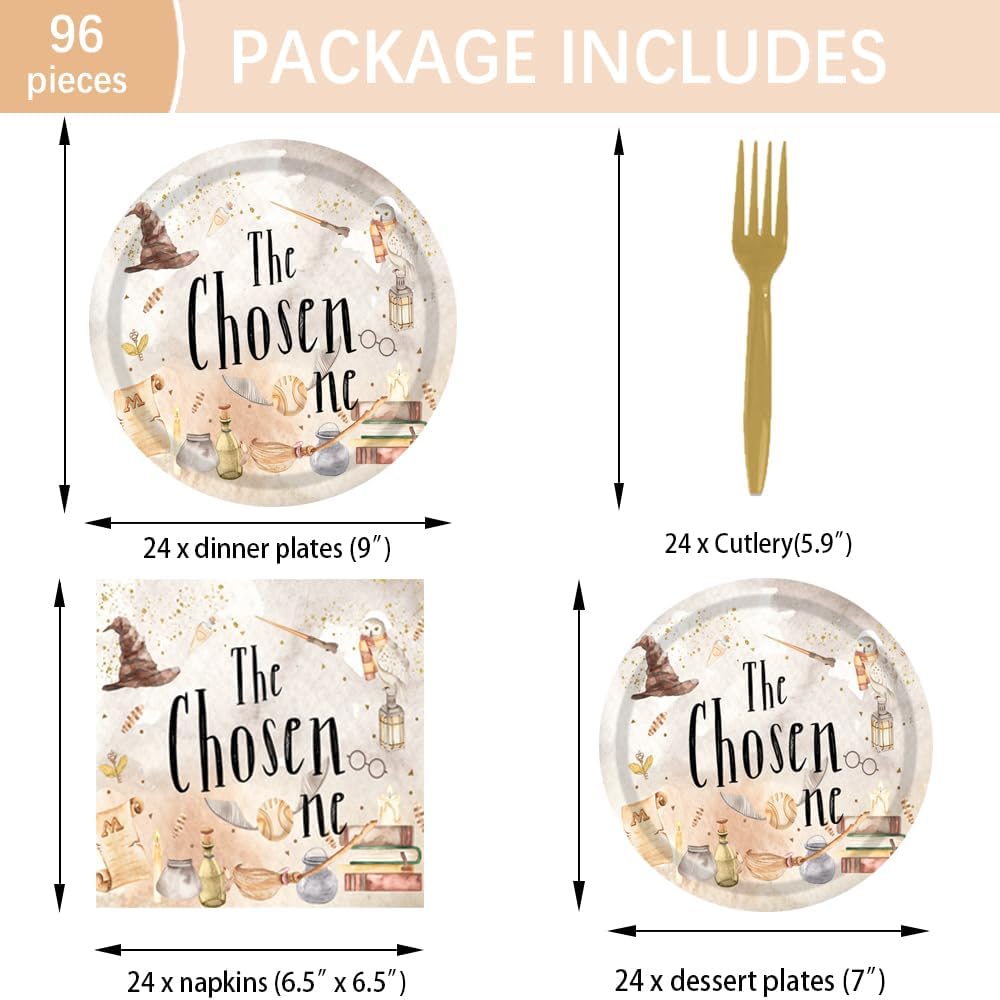 96PCS Wizard Themed Plates Napkins Forks Party Set for 24 Guests