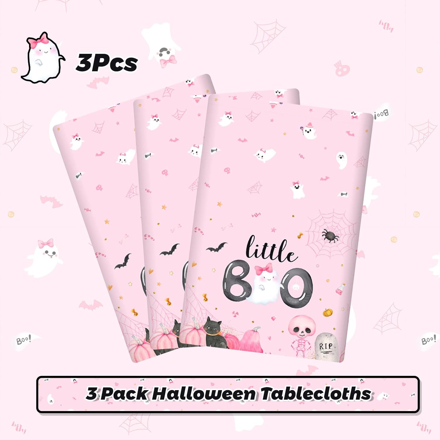 MEHOFOND 3pcs Little Boo Tablecloths Pink Halloween Decorations