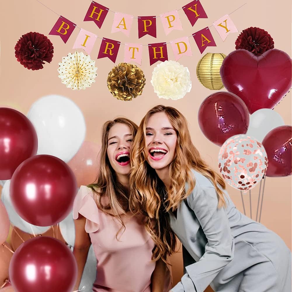 Burgundy Birthday Decorations Set with Balloons and Banner