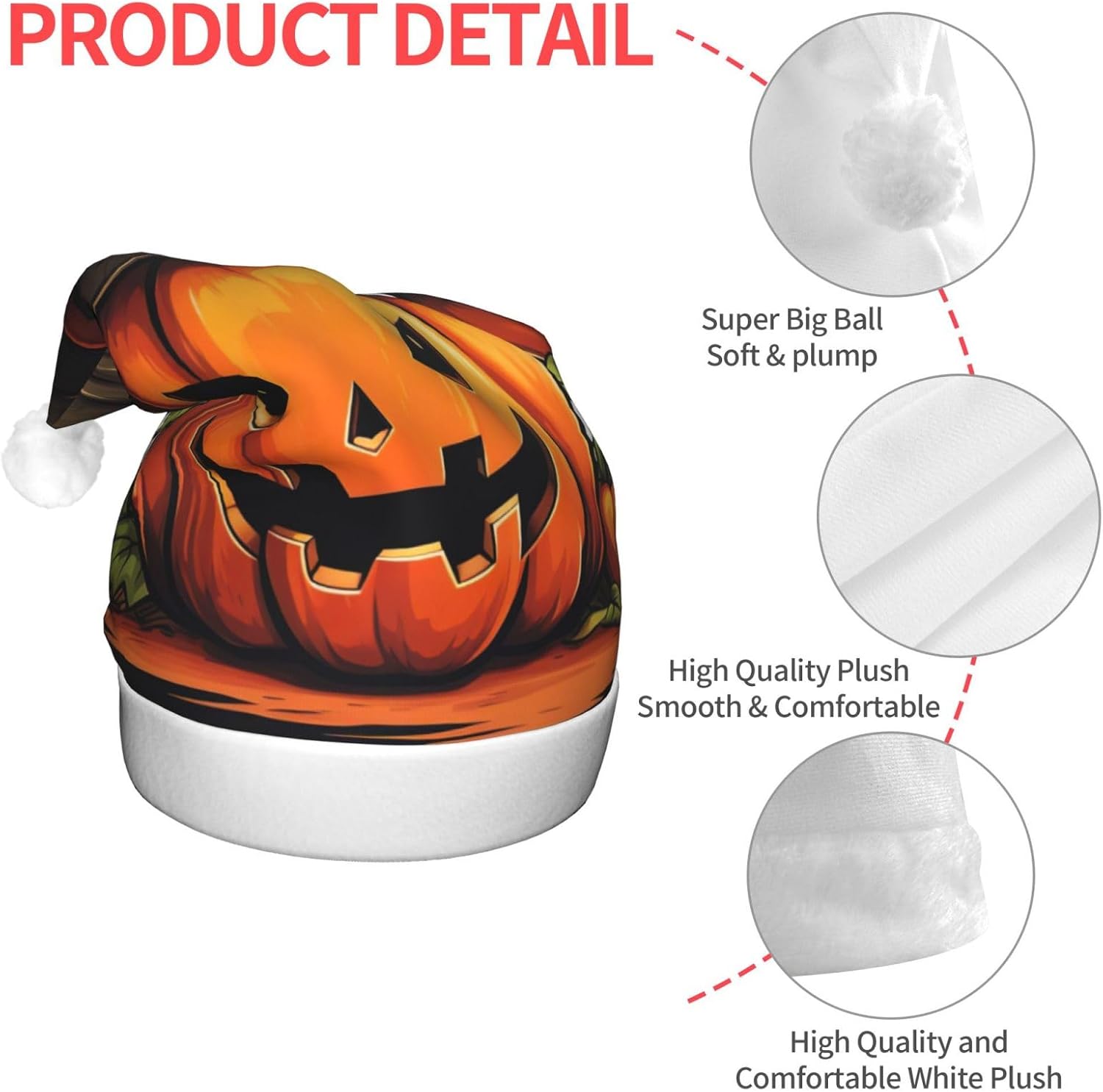 QINZHENG Halloween Pumpkin Print Velvet Santa Hat with LED Lights