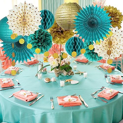 Teal Gold Party Decorations Tissue Pom Poms Garland Fans Lanterns