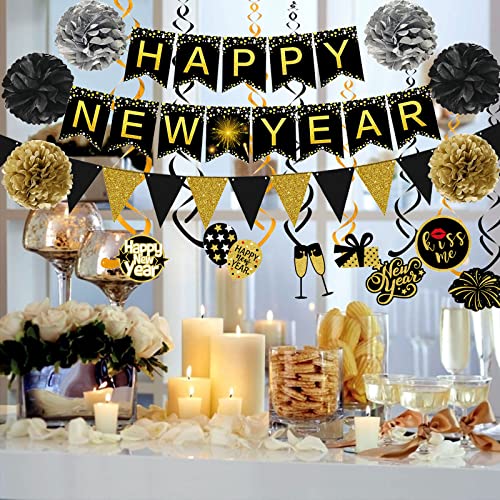 Happy New Year Banner Triangle Flag with Pom Poms and Swirls Garland