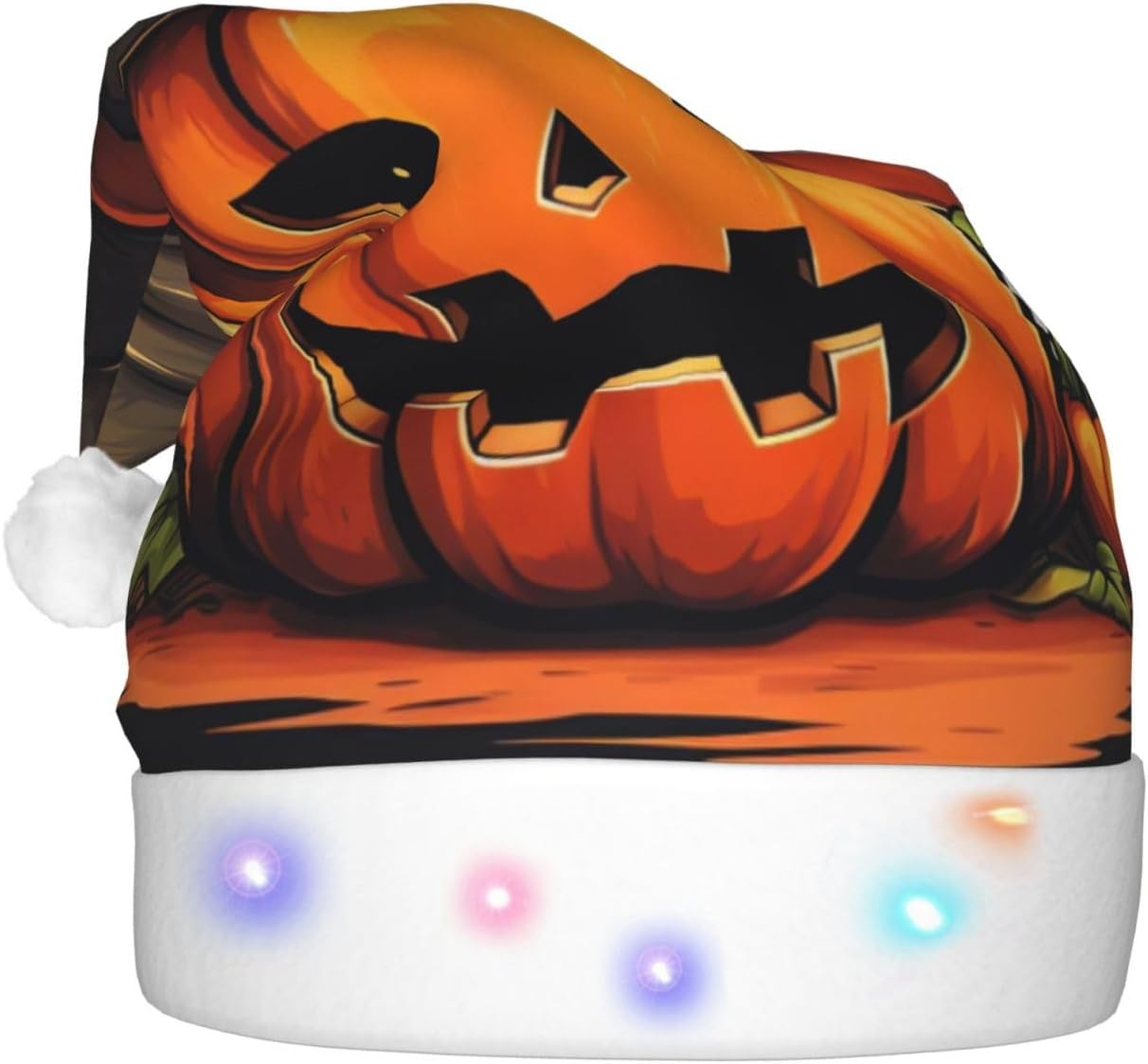 QINZHENG Halloween Pumpkin Print Velvet Santa Hat with LED Lights