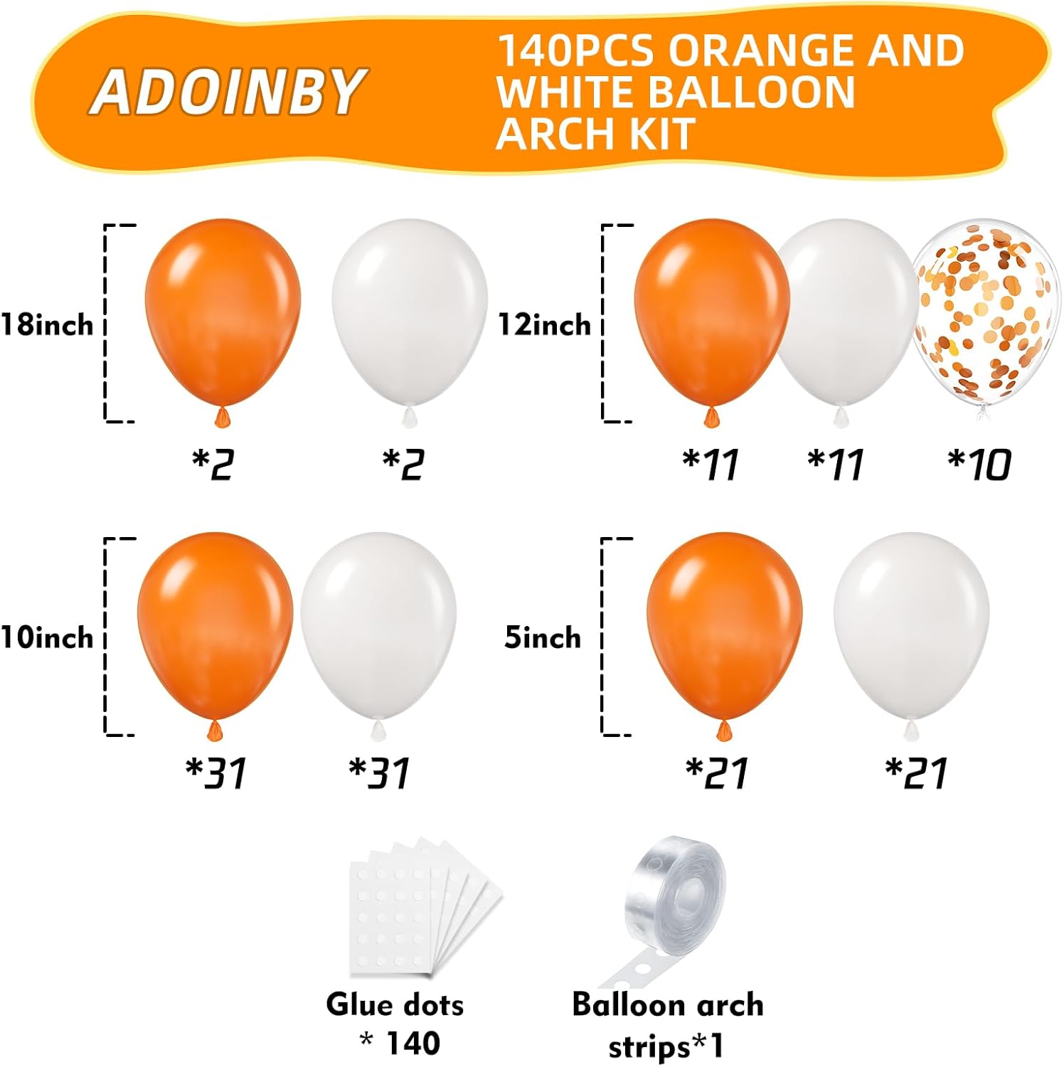 Orange and White Balloon Arch Kit 140Pcs with Garland Strip and Glue Dots