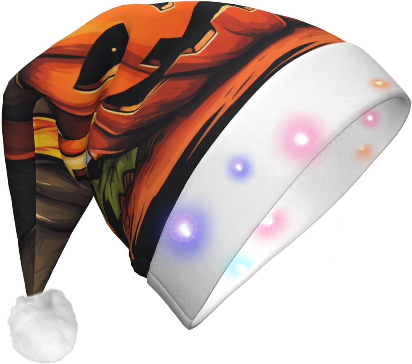 QINZHENG Halloween Pumpkin Print Velvet Santa Hat with LED Lights
