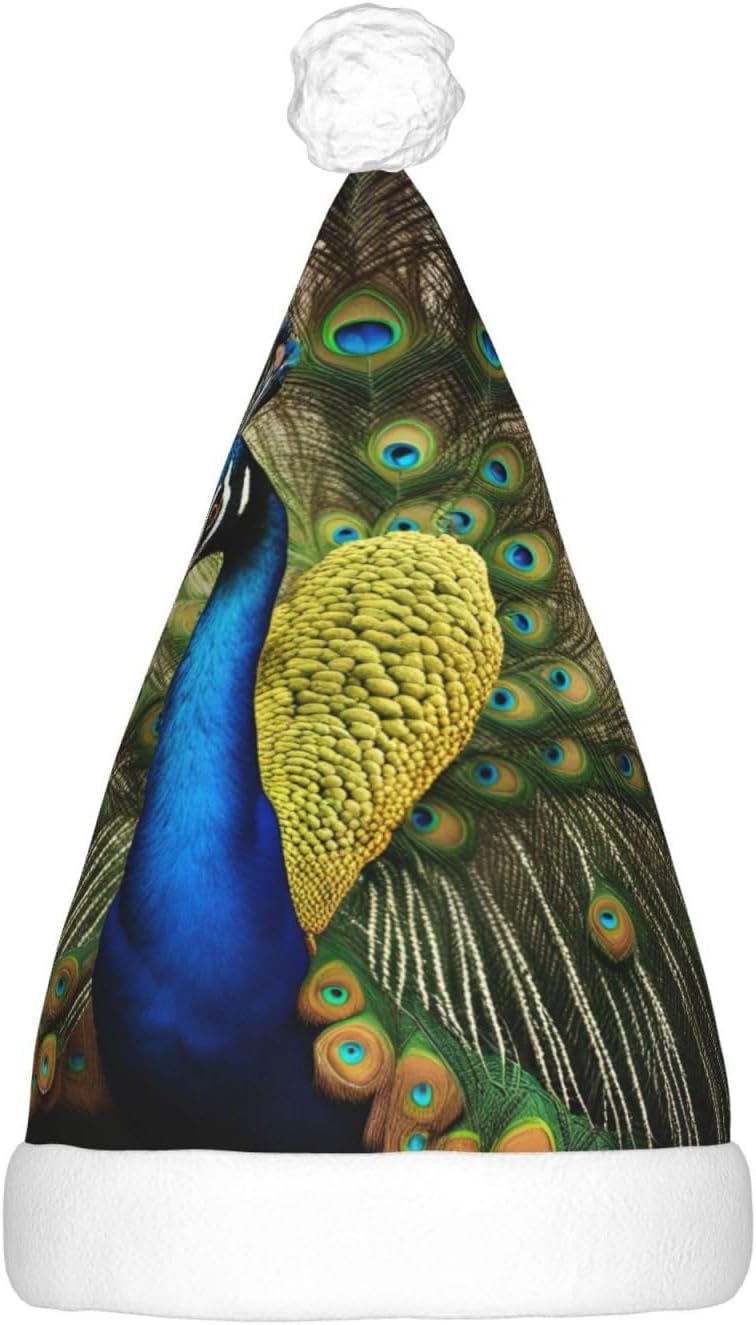 QINZHENG Peacock Feather Print Velvet Santa Hat with LED Lights