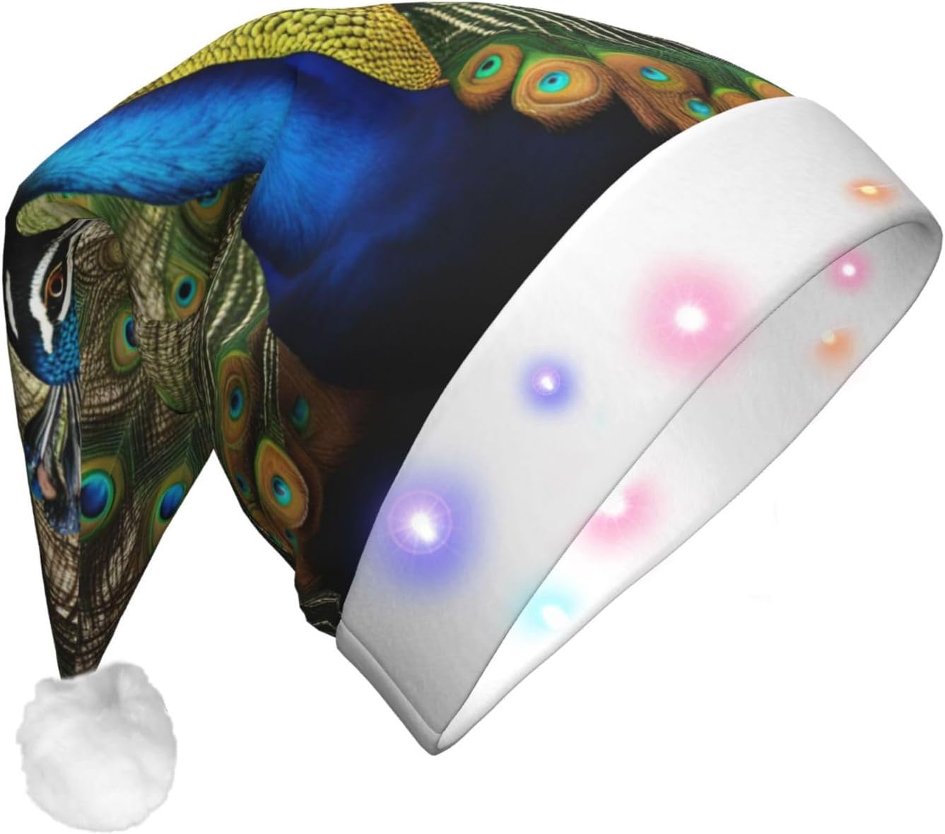 QINZHENG Peacock Feather Print Velvet Santa Hat with LED Lights