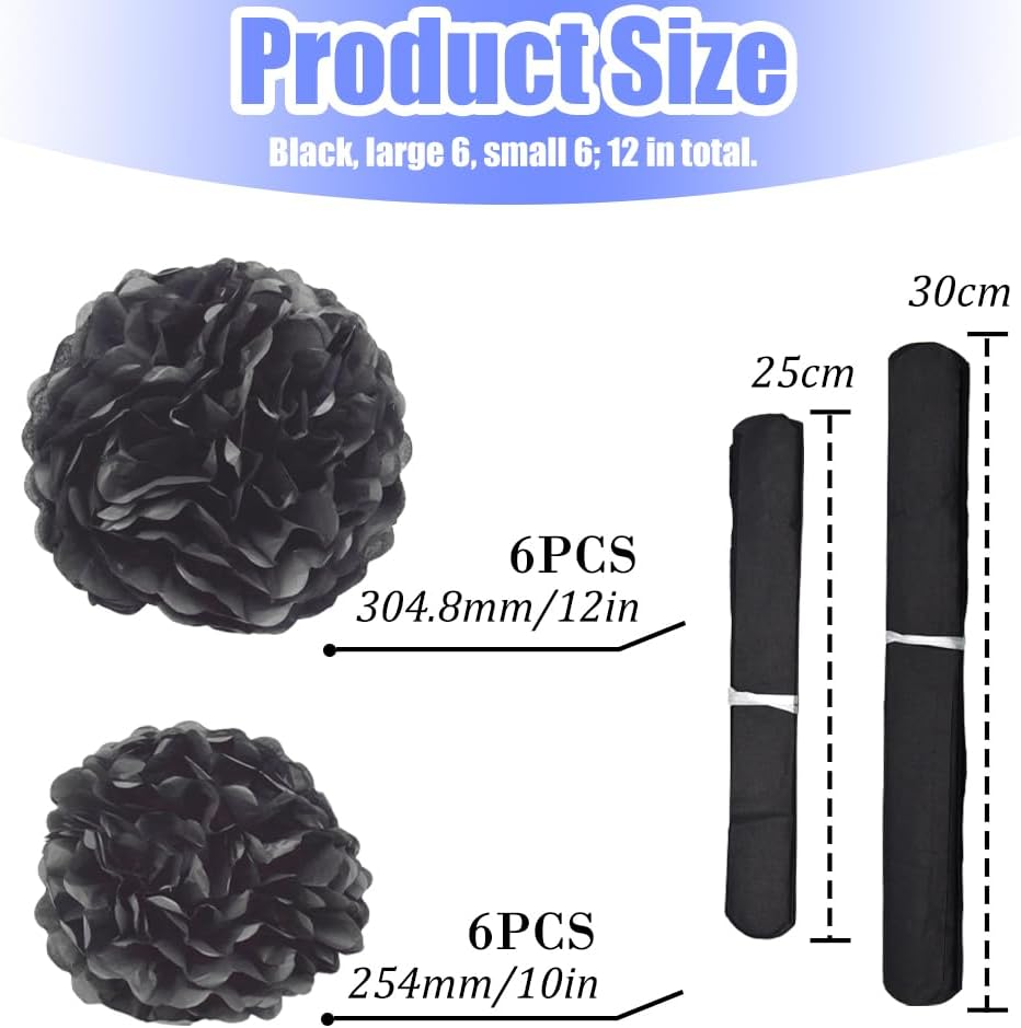 Hocansen 12Pcs Tissue Paper Pompoms 10in 12in Black Party Decorations