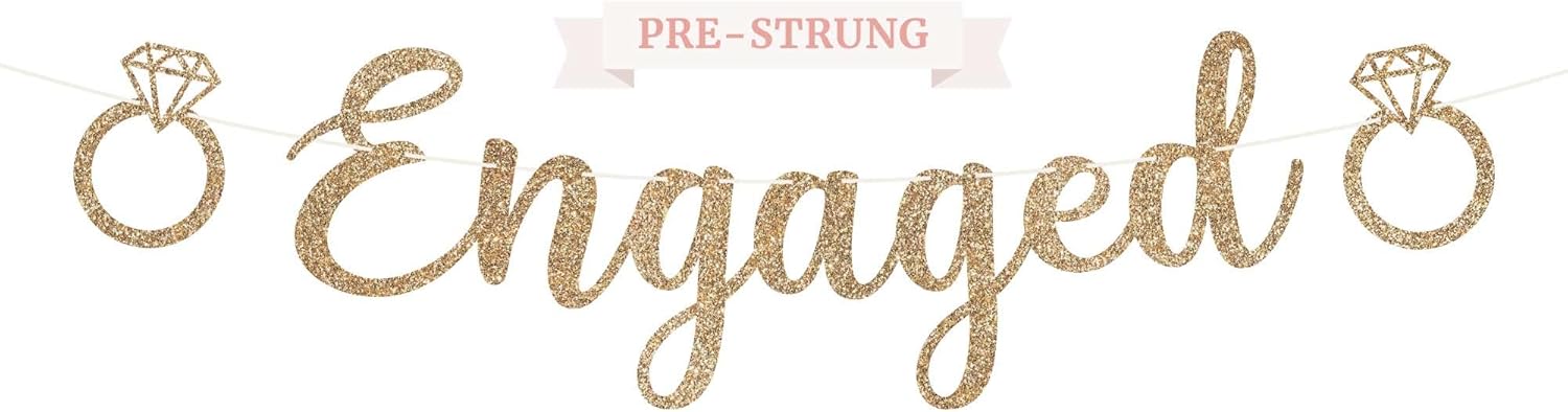 Pre-Strung Gold Glitter Engagement Banner - Happy Wedding Party Decor
