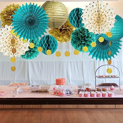 Teal Gold Party Decorations Tissue Pom Poms Garland Fans Lanterns