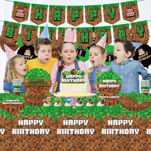 Green and Brown Video Game Birthday Party Decor Set 104Pcs