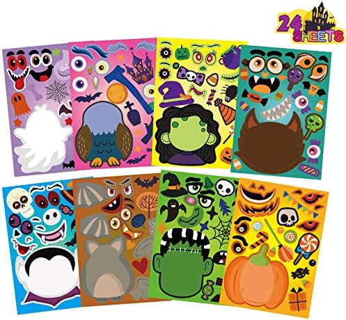 24 Sheets Halloween Stickers - Kids Craft Set with Pumpkin Mummy Zombie Vampire Themes